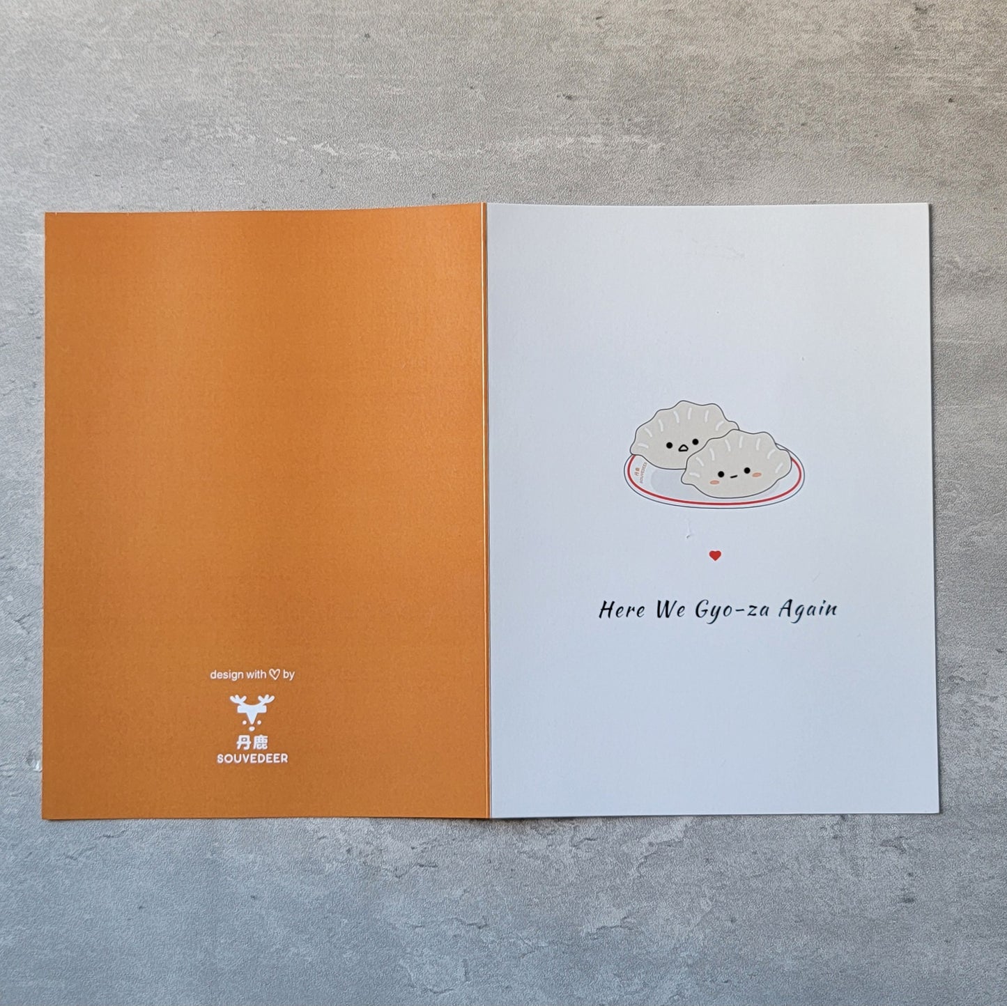 "Here We Gyo-za Again!" Funny Food Pun Dumpling Greeting Card