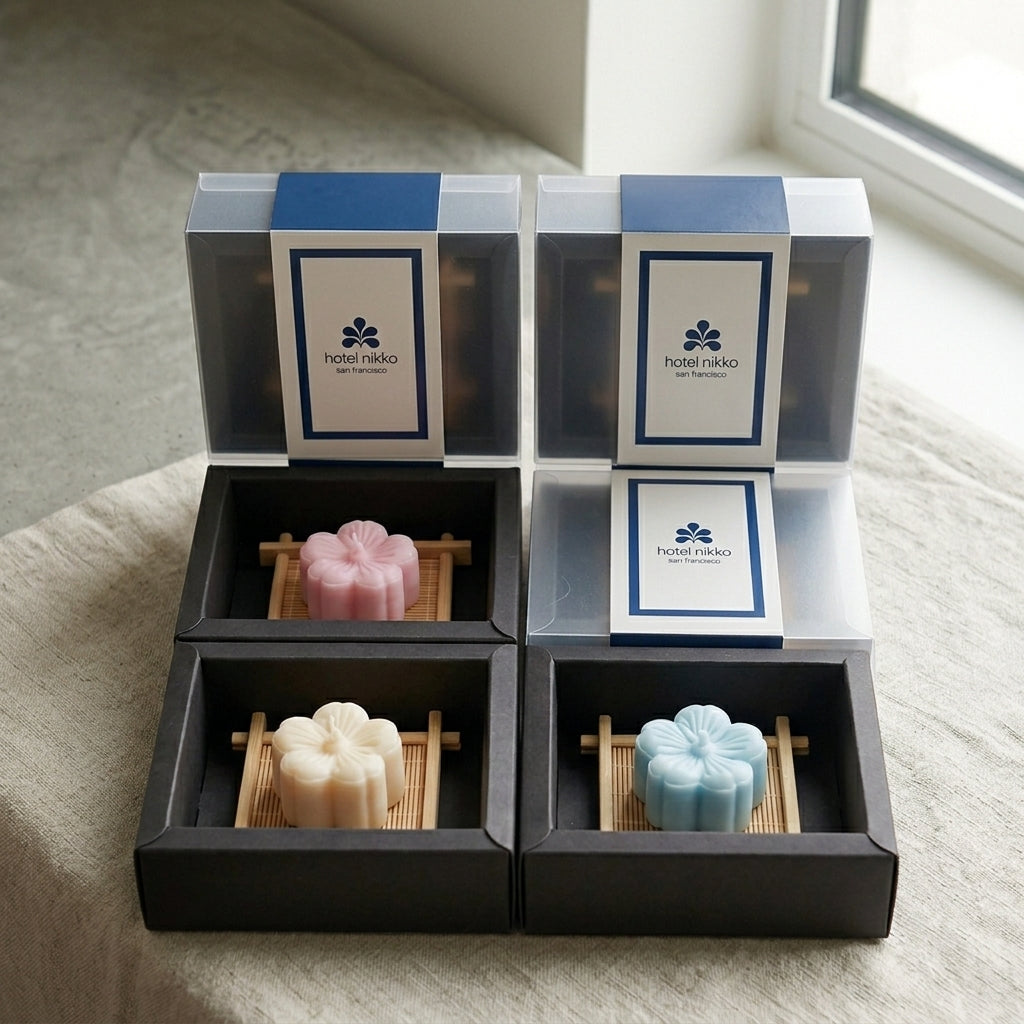 special customized corporate VIP gifts for Hotel Nikko SF. cherry blossom shaped soy candles with mini bamboo mat in a black paper gift box with custom made package sleeves with hotel nikko's logo