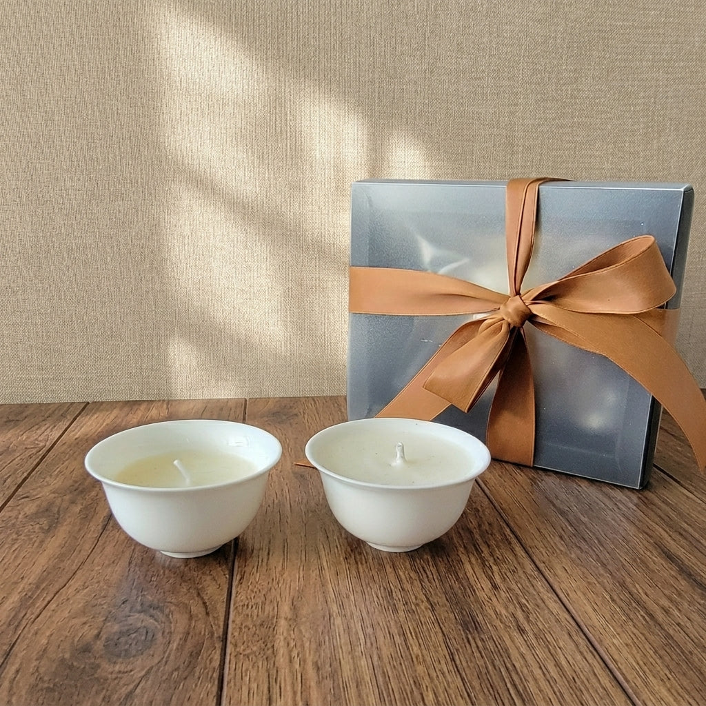 Taiwanese culture inspired tea cup candles with ribbon gift box in the back.  birthday party favors lunar new year party favors